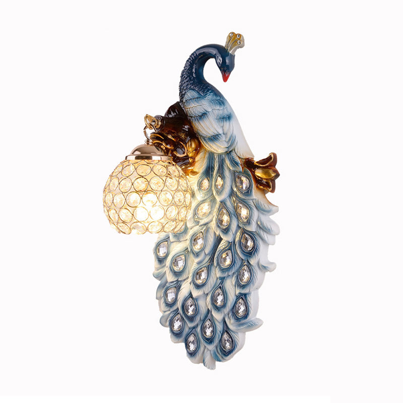 Country Resin Wall Sconce With Blue Peacock Design And Crystal Shade For Dining Room Lighting