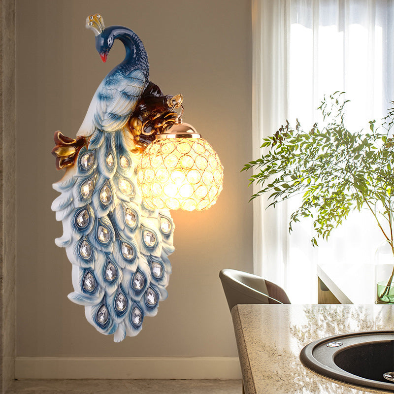 Country Resin Wall Sconce With Blue Peacock Design And Crystal Shade For Dining Room Lighting / Left