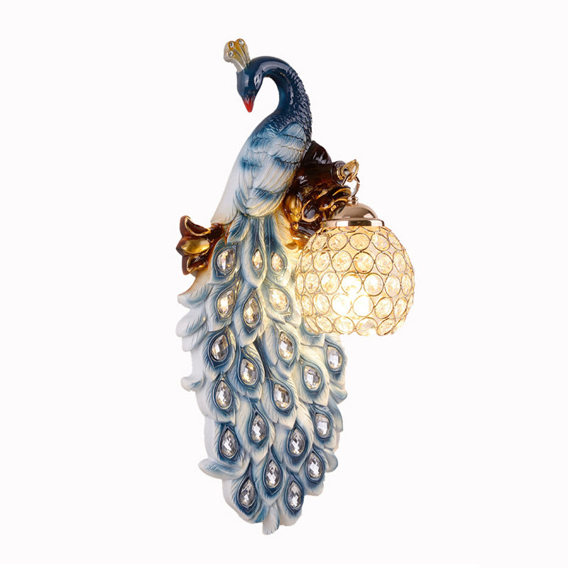 Country Resin Wall Sconce With Blue Peacock Design And Crystal Shade For Dining Room Lighting