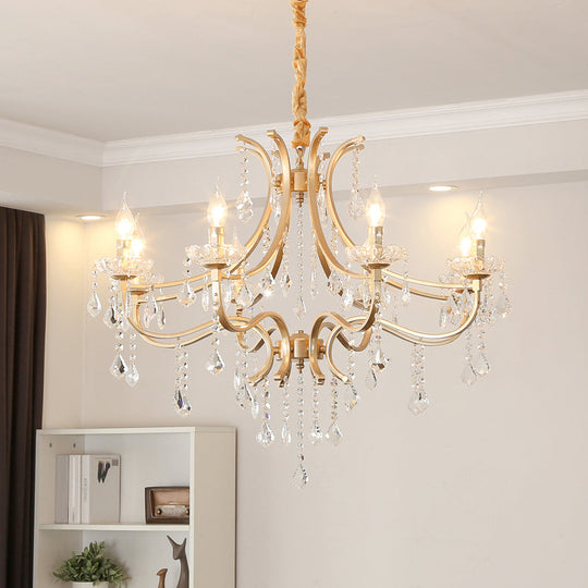 Metal Gold Plated Chandelier: Antique Style Hanging Ceiling Light With Crystal Draping