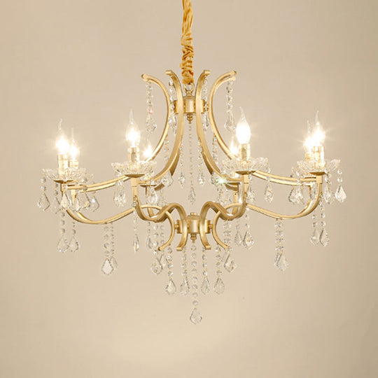 Metal Gold Plated Chandelier: Antique Style Hanging Ceiling Light With Crystal Draping