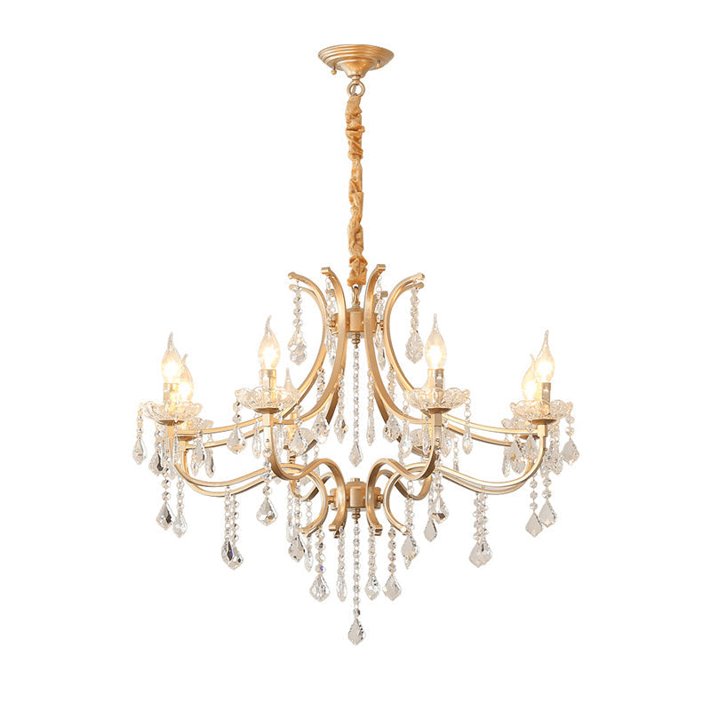 Metal Gold Plated Chandelier: Antique Style Hanging Ceiling Light With Crystal Draping