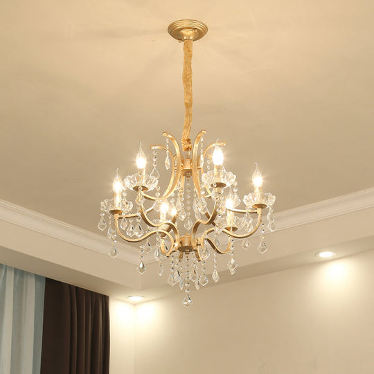 Metal Gold Plated Chandelier: Antique Style Hanging Ceiling Light With Crystal Draping