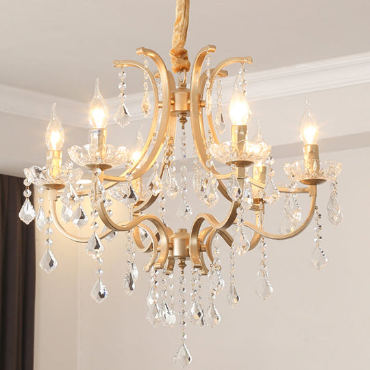 Metal Gold Plated Chandelier: Antique Style Hanging Ceiling Light With Crystal Draping