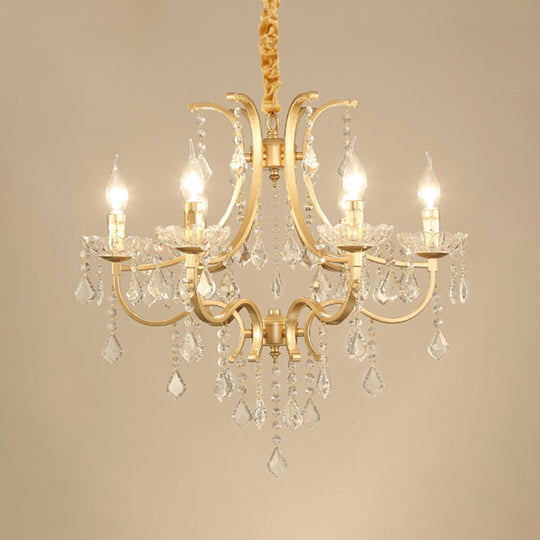 Metal Gold Plated Chandelier: Antique Style Hanging Ceiling Light With Crystal Draping