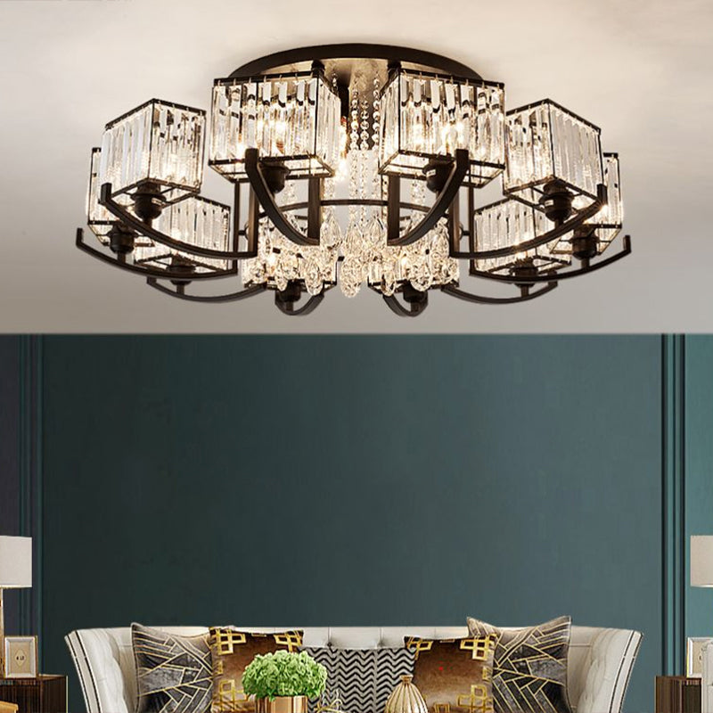 Modern K9 Crystal Semi Flush Mount Ceiling Light: Black Rectangle Fixture For Living Room