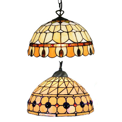 Dining Room Tiffany Pendant Lamp With Stained Glass Shade - Elegant Circle/Gem Pattern Chain