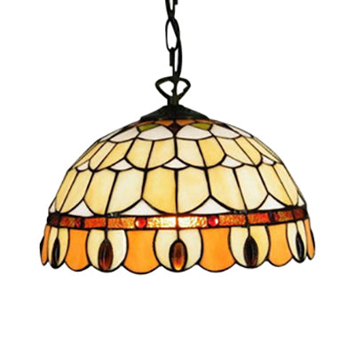 Dining Room Tiffany Pendant Lamp With Stained Glass Shade - Elegant Circle/Gem Pattern Chain