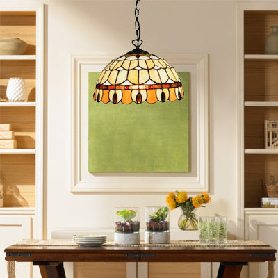 Dining Room Tiffany Pendant Lamp With Stained Glass Shade - Elegant Circle/Gem Pattern Chain