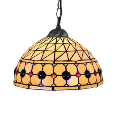 Tiffany Jeweled Pendant Lamp: Circle/Gem Pattern, Stained Glass Shade, Chain Included, Ideal for Dining Rooms