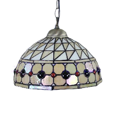 Tiffany Jeweled Pendant Lamp: Circle/Gem Pattern, Stained Glass Shade, Chain Included, Ideal for Dining Rooms