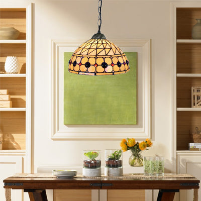 Dining Room Tiffany Pendant Lamp With Stained Glass Shade - Elegant Circle/Gem Pattern Chain