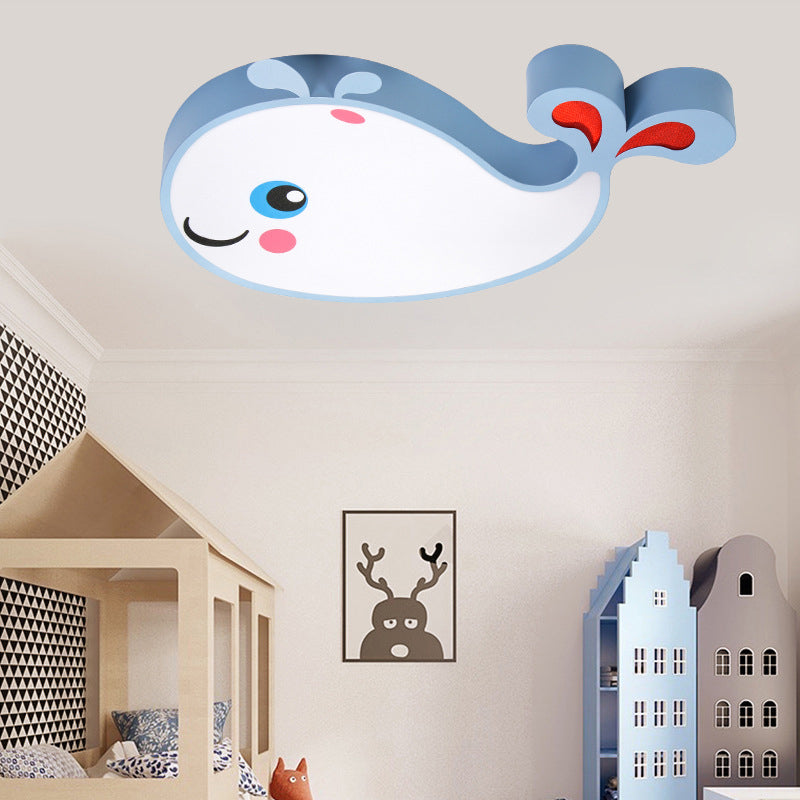 Whale Shaped Kids LED Flush Mount Pendant Light for Bedroom - Blue/Pink Acrylic, White Light