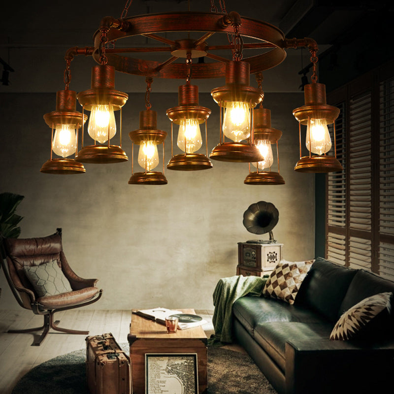 Coastal Weathered Copper Chandelier with 7 Lights - Rustic Metal Lantern Pendant Lamp