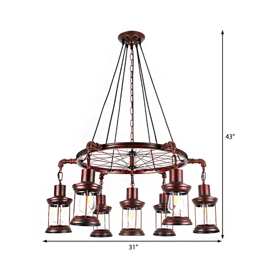 Coastal Metal Lantern Pendant Lamp With Weathered Copper Finish - 7 Lights Chandelier Fixture