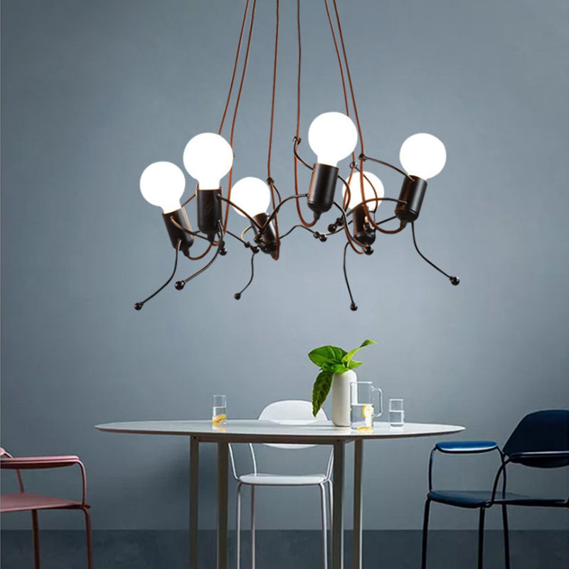 Human-Shaped Chandelier: Black Metal Hanging Light For Dining Room - 3/6 Bulbs 6 /