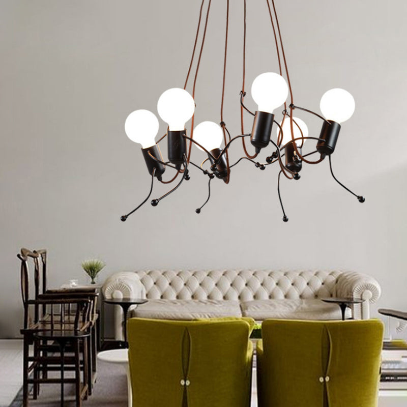 Human-Shaped Chandelier: Black Metal Hanging Light For Dining Room - 3/6 Bulbs