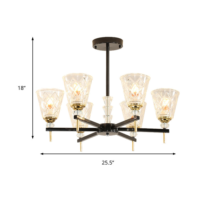 Traditional 3/6-Light Chandelier With Clear Textured Glass Cones - Bedroom Pendant Lamp