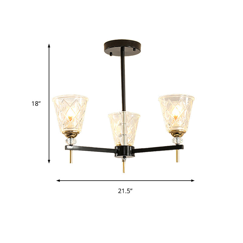 Traditional 3/6-Light Chandelier With Clear Textured Glass Cones - Bedroom Pendant Lamp