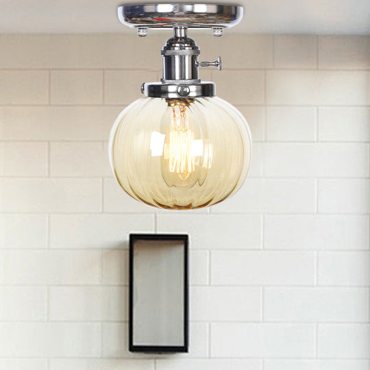 Industrial Chrome Ceiling Mount Light with Clear/Amber Glass Globe for Dining Room