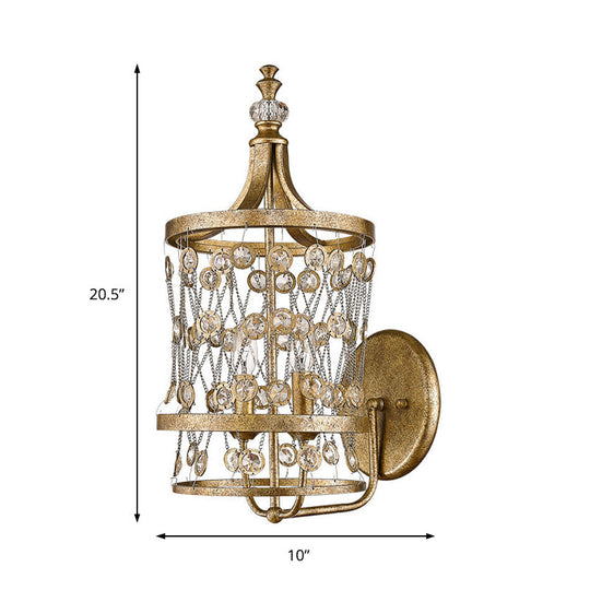 Vintage Metal Cylinder Sconce Light With Crystal Accent - Antique Brass Wall Mount 2 Lights