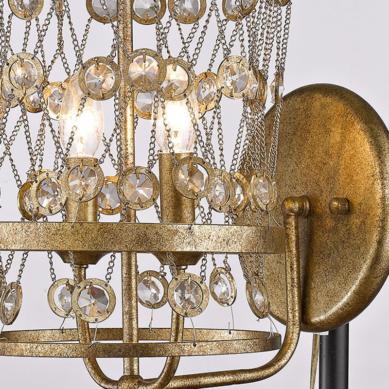 Vintage Metal Cylinder Sconce Light With Crystal Accent - Antique Brass Wall Mount 2 Lights