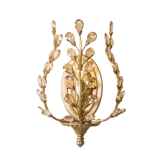 Modern Gold Vine Wall Lamp With Crystal Leaf Accent - 1 Light Metal Sconce For Living Room