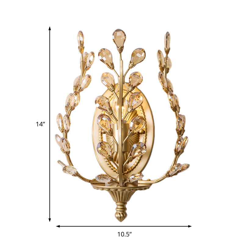 Modern Gold Vine Wall Lamp With Crystal Leaf Accent - 1 Light Metal Sconce For Living Room