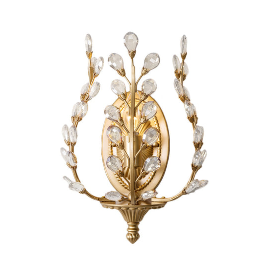 Modern Gold Vine Wall Lamp With Crystal Leaf Accent - 1 Light Metal Sconce For Living Room