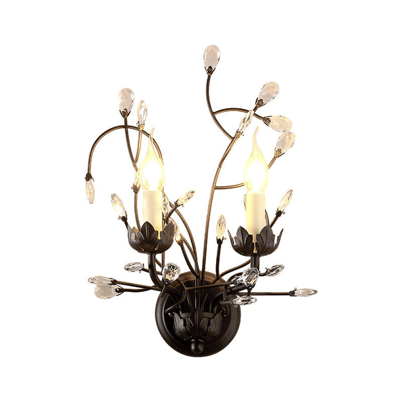 Antique Metal Wall Sconce With Crystal Accents - Elegant Black Flower Design 2 Lights Perfect For