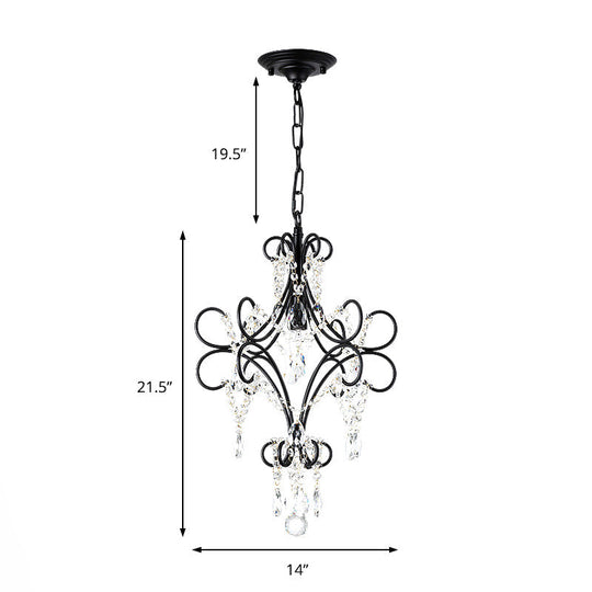 Antique Iron Pendant Light with Black Curve Arm and Crystal Accent - 1 Light Ceiling Fixture