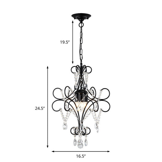 Vintage Black Pendant Light With Crystal Accents - Curve Arm Iron Suspension 3 Lights