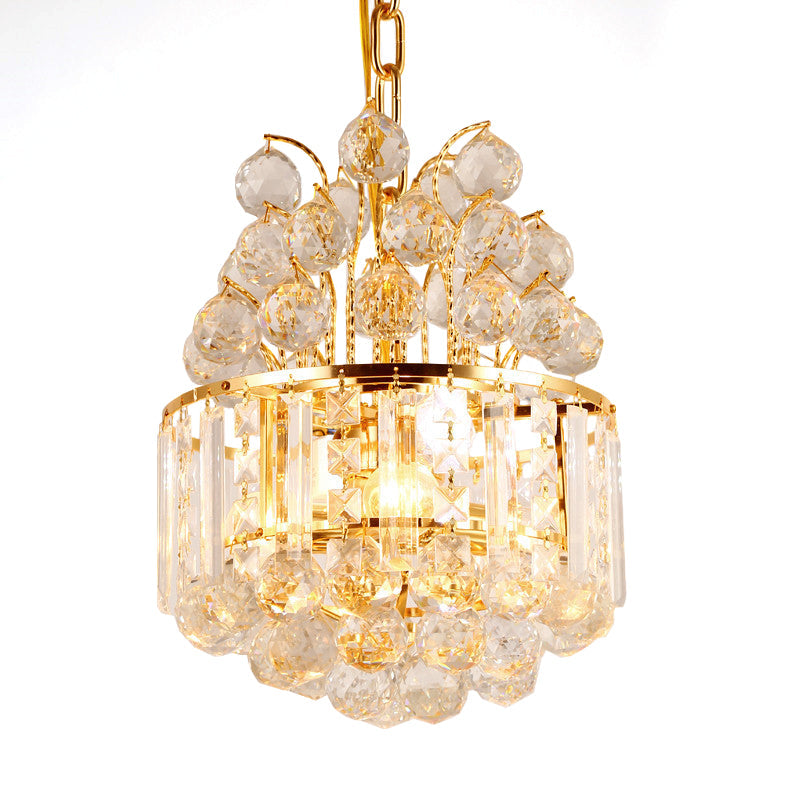 Modern Crystal Drum Chandelier - 3 Light Gold Hanging Ceiling Fixture For Dining Room