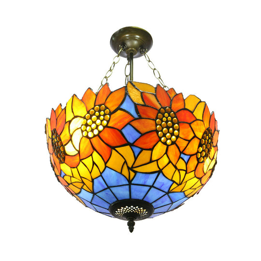 Sunflower Stained Glass Semi Flush Mount in Orange/Yellow - Perfect for Living Room!