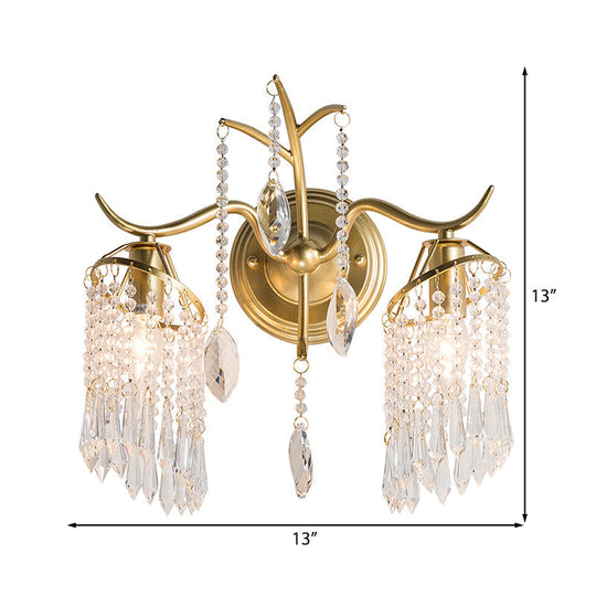 Modern 2-Light Crystal Shade Wall Sconce With Brass Branch Fixture