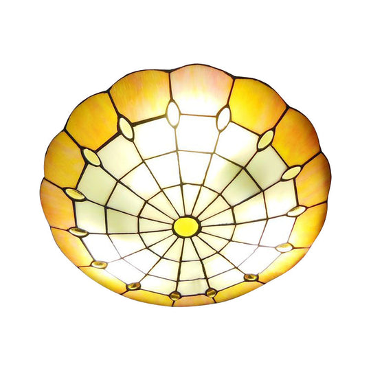 Tiffany Yellow Dome Shade Flush Mount Ceiling Light with Jewel Decoration - Available in 3 Sizes