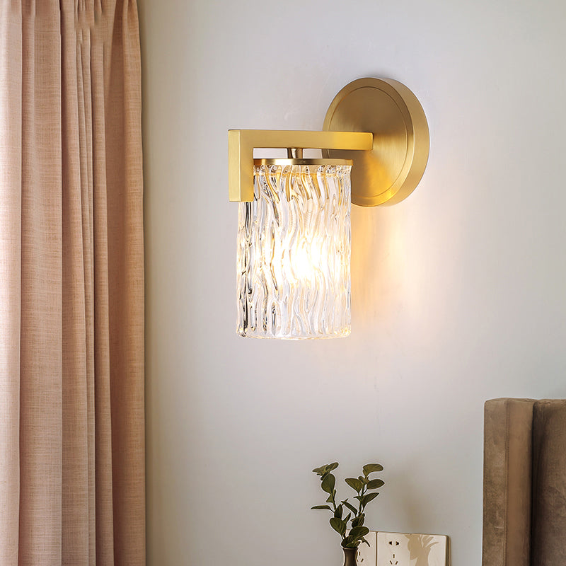 1-Light Brass Wall Mount For Bedroom With Cylinder Rippled Glass