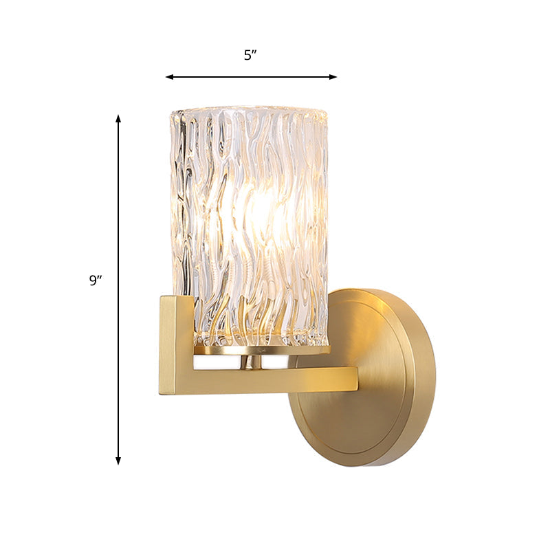 1-Light Brass Wall Mount For Bedroom With Cylinder Rippled Glass