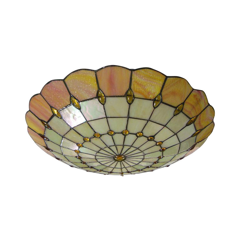 Tiffany Yellow Dome Shade Flush Mount Ceiling Light with Jewel Decoration - Available in 3 Sizes