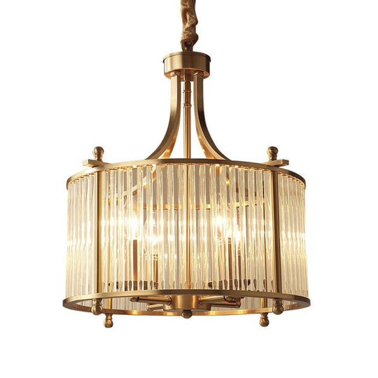 Nordic Crystal Rod Drum Chandelier - Brass 4-Light Hanging Ceiling Light For Dining Room