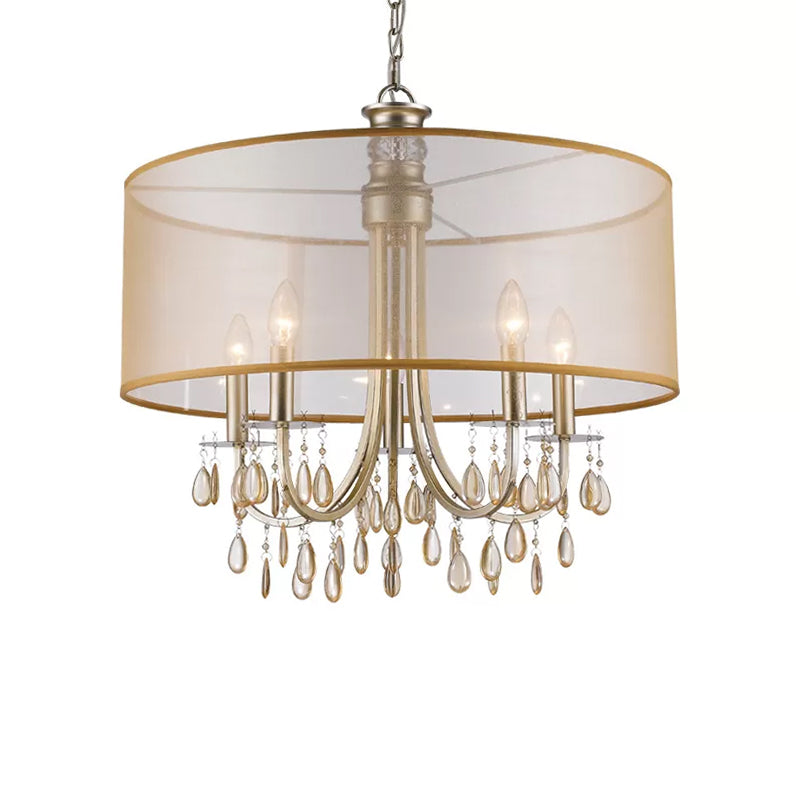 Cylinder Rustic Fabric Ceiling Light With Crystal Drop - 5/8 Lights Gold Chandelier