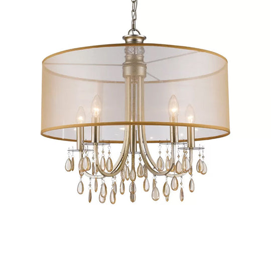 Cylinder Rustic Fabric Ceiling Light With Crystal Drop - 5/8 Lights Gold Chandelier