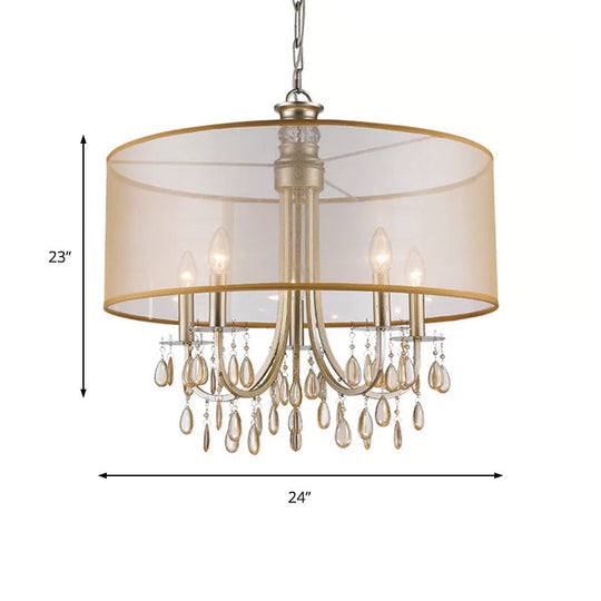 Cylinder Rustic Fabric Ceiling Light With Crystal Drop - 5/8 Lights Gold Chandelier