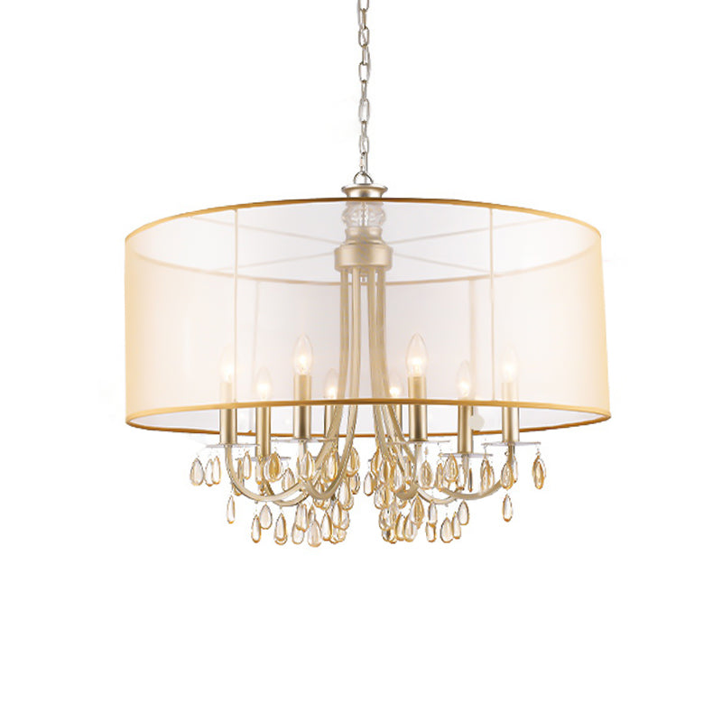 Cylinder Rustic Fabric Ceiling Light With Crystal Drop - 5/8 Lights Gold Chandelier