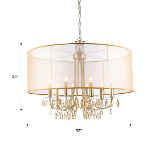 Cylinder Rustic Fabric Ceiling Light With Crystal Drop - 5/8 Lights Gold Chandelier