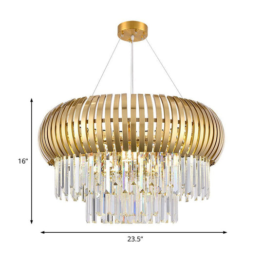 Lustre lanterne doré moderne avec abat-jour en cristal et métal - Plafonnier suspendu à 5 lumières