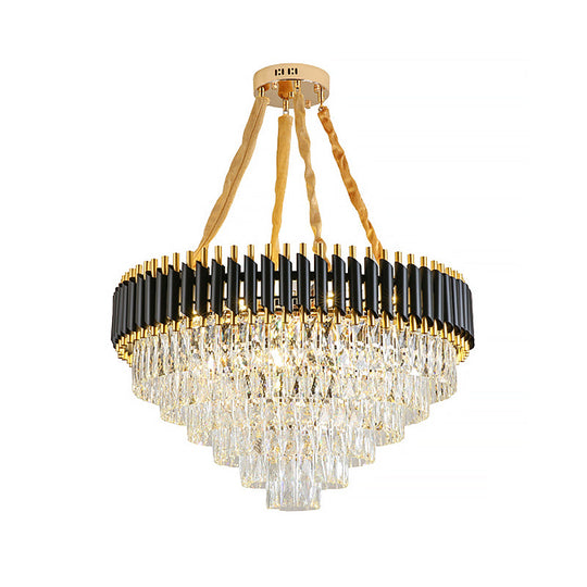 Lustre conique moderne avec accents en cristal - Suspension de plafond noire à 4 lumières pour salon