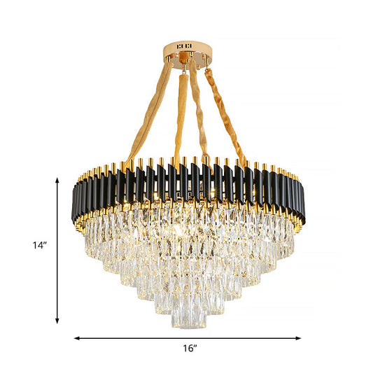 Lustre conique moderne avec accents en cristal - Suspension de plafond noire à 4 lumières pour salon