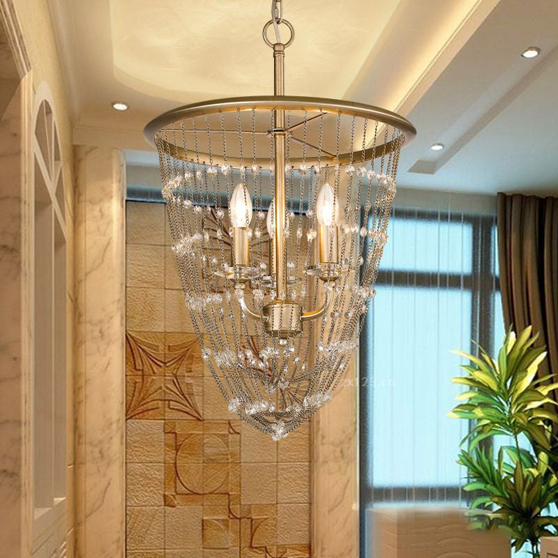 Modern Gold Wire Mesh Chandelier With Crystal Accent - 3-Light Pendant