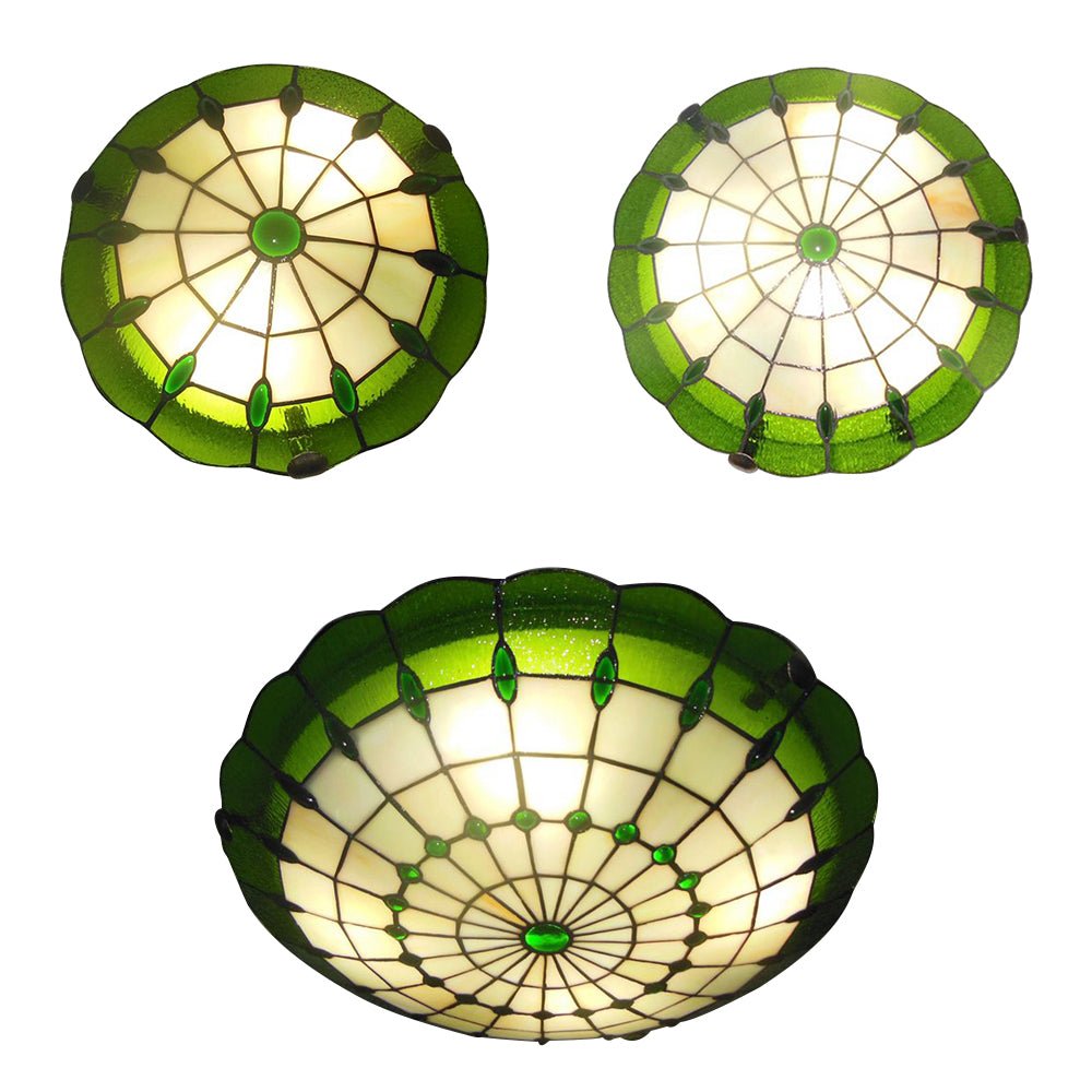 Tiffany Style Green/Yellow Dome Ceiling Lights With Jewel Decoration - 12/16/19.5 Wide Flush Mount